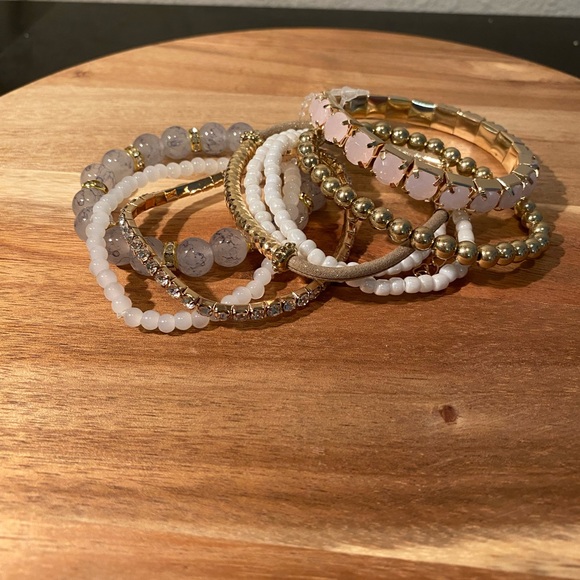 Elegant Gold, Pink, and White Beaded Bracelet Set (8 bracelets) - Picture 1 of 7